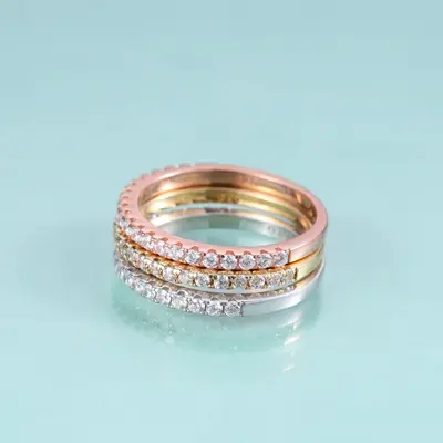 S925-Silberring mit Moissanit, dreifarbiger stapelbarer Alliance-Ring, Halbmond-Schliffste