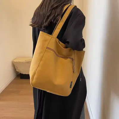 Solid Color Retro Large-Capacity Tote Bag, Women's Shoulder Bag