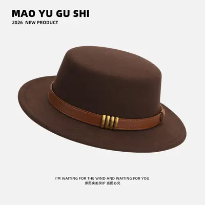 Hepburn-Style French Belt-Decorated Wool Flat-Top Fedora Hat for Women, Autumn/Winter, British Socialite Vintage Versatile Jazz Hat