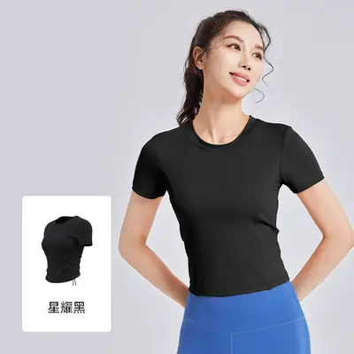 Chest Padded Short Sleeve Yoga Top with Drawstring Straps, Summer - 10