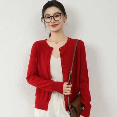Leichte Strickjacke mit Rundhals, Mischgewebe, Damen-Herbst-Winter-Pullover - 12