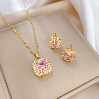 Full Zirconia Copper Earring and Necklace Set - 8