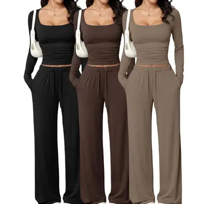 Damen Freizeitset mit eckigem Ausschnitt, Bluse und Hose