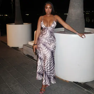 Women's Striped Spaghetti Strap Long Party Dress with Tie-Back