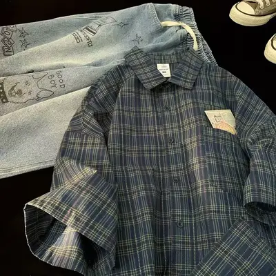 Unisex Sommerhemd mit Kurzarm und Karomuster, koreanischer Stil