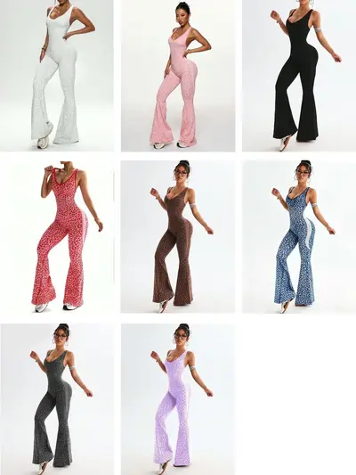 Leopard Print Cross Back Flared One-Piece Yoga Jumpsuit for Women - 1
