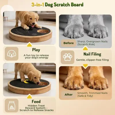Wooden Cat Scratcher Board with Rotatable Nail File and Dog Slow Feeder - 4