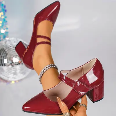 Plus size high-heel Mary Jane women's shoes, pointed toe, hook-and-loop strap