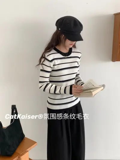 CatKaiser Damenpullover mit Streifen, Rundhals, koreanischer Stil - 8