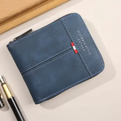 Men's Short Horizontal Tri-Fold Wallet with Zip Coin Pocket, Retro - 9