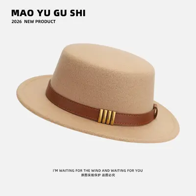 Hepburn-Style French Belt-Decorated Wool Flat-Top Fedora Hat for Women, Autumn/Winter, British Socialite Vintage Versatile Jazz Hat
