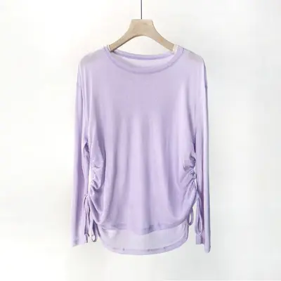 Tencel Ribbed Women's Long-Sleeve Yoga Running Top, Drawstring Loose Fit - 4