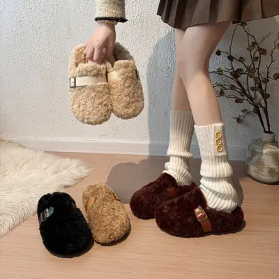 Kadın peluş topuksuz terlik, kaymaz, sonbahar kış