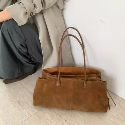 Retro Suede-Look Women's Shoulder Bag, Matte Finish, Solid Color - 3
