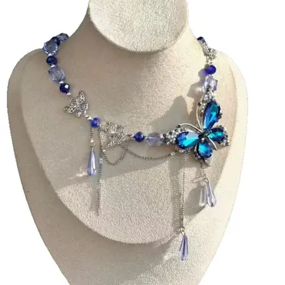 Kelebek kolye choker, vintage, saçaklı boyun zinciri - 6
