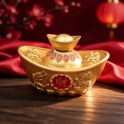 Lidded feng shui treasure bowl with ingots, home decor - 7