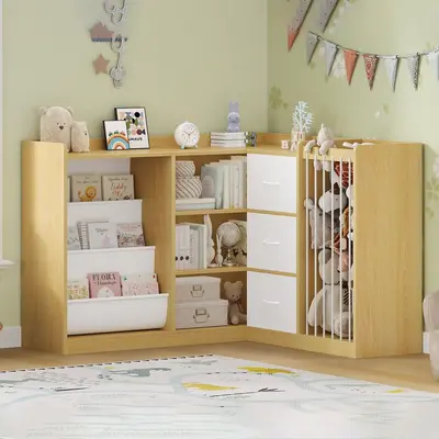 Montessori-Holzregal mit Eckdesign für Kinderzimmer, mehrstöckiges Bücherregal und Spielzeugregal aus Massivholz für Kindergarten