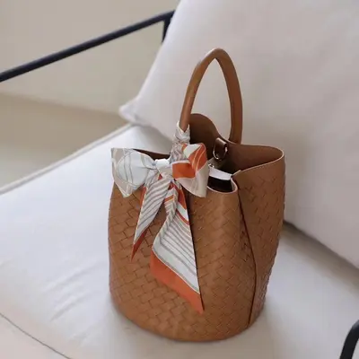 Genuine Leather Woven Bucket Bag for Women