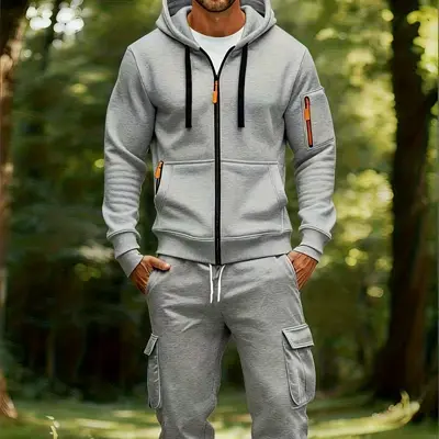 Men's Hooded Sweatshirt Set, Two-Piece, Multi-Pocket - 7