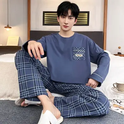 Erkek uzun kollu yuvarlak yaka pijama takımı, ilkbahar ve sonbahar