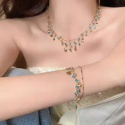 Blaues Diamant-Muschelarmband und Halskettensatz - 3