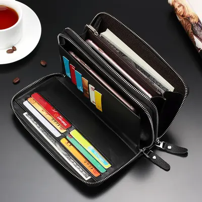 Men's Genuine Leather Long Zip Wallet with Cowhide Clutch Design - 3