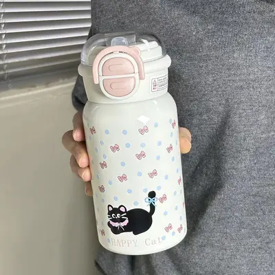 Cat Design 316 Stainless Steel Insulated Tumbler Children's Straw Double-Drink Bottle