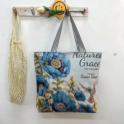 Gold Silk Fabric Women's Canvas Tote Bag with Creative Pattern - 7