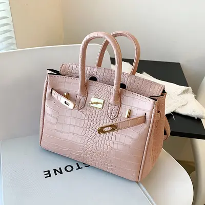 Crocodile Pattern Women's Kelly Handbag, Large Structured Bag - 5