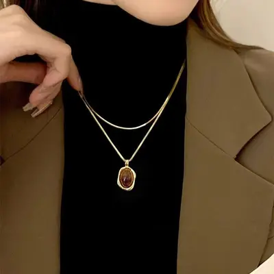Mehrlagige goldene Bernstein-Pullover-Halskette, Minimal - 6