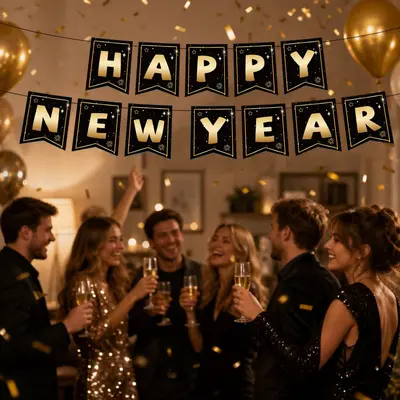 Black and Gold New Year Party Decoration Set with Tablecloth, Banner, Pull Flags and Ballo - 3