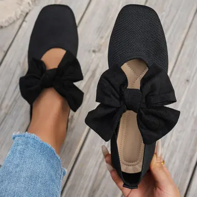 Women's Autumn Bow Knit Square-Toe Flat Shoes, Plus Size
