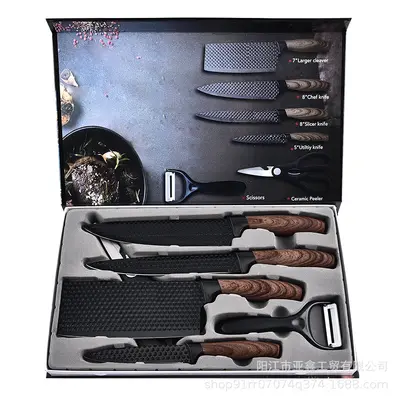 跨境刀具套装肥仔柄木纹披覆六件套厨房套刀带瓜刨彩盒装现货批发 - 13