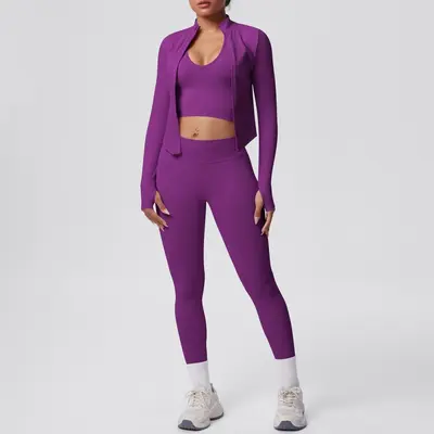 Seamless Solid Color Yoga Set, 3-Piece, Breathable, High Stretch - 12