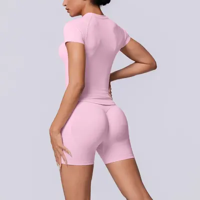 Seamless Solid Color Breathable Women's Short-Sleeve Shorts Set - 7