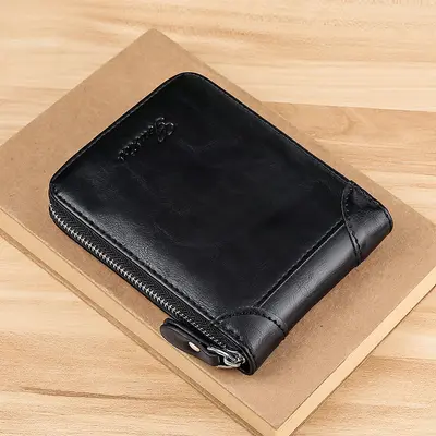 Erkek Yumuşak Deri Görünümlü Kısa Cüzdan, Fermuarlı, RFID Korumalı - 8