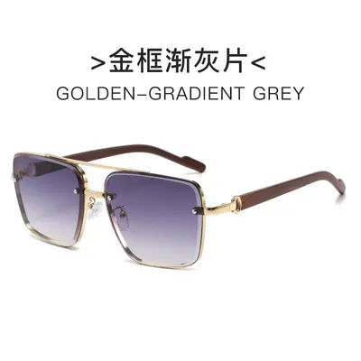 Square metal double-bridge sunglasses with wood-grain temples - 11