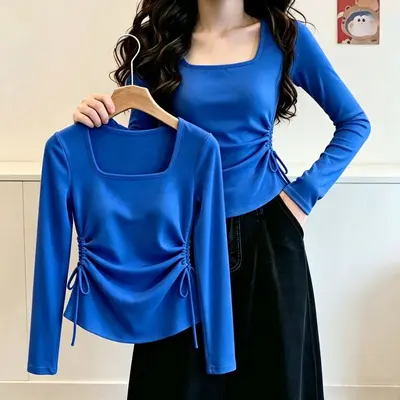 Slimming Square Neck Long Sleeve T-Shirt for Women, 2026 Autumn New Arrival, Irregular Pleated Drawstring Top, Dropshipping Available