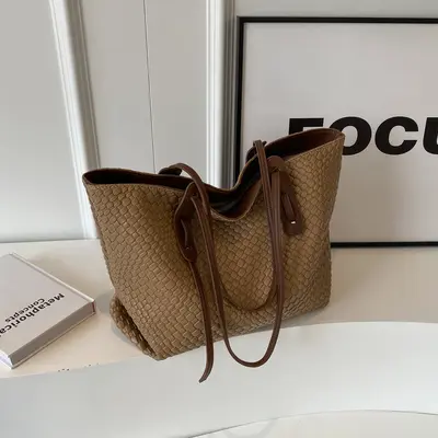 Kadın Örgü Tek Omuz Çanta, Büyük Hacimli Retro Tote Çanta - 10