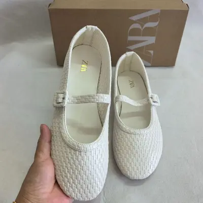 ZAKQ2026 Women's Ballet Flats, White Woven Effect, Buckle Strap