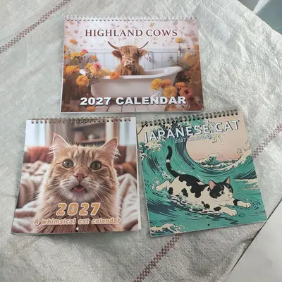 2027 duvar takvimi, çığlık atan kedi temalı, aylık planlama