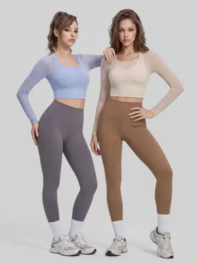 Long Sleeve Fake Two-Piece Knitted Yoga Top Without Bra - 4