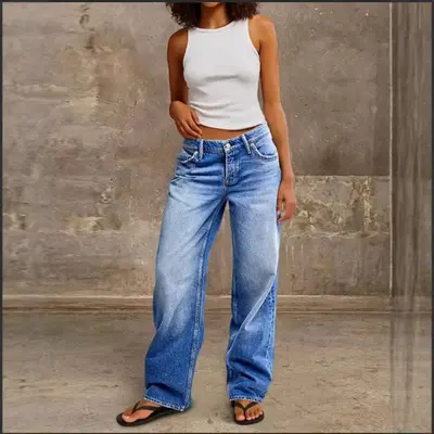 Yeni Model Kadın Bol Düz Paça Kot Pantolon