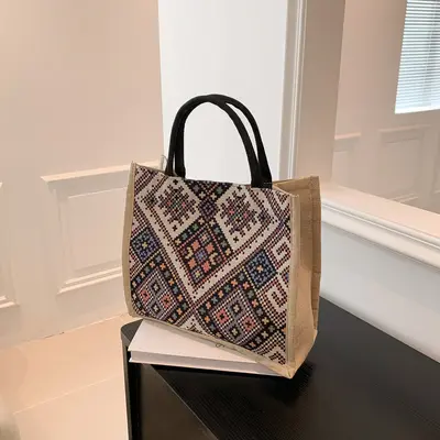 Cotton and Linen Bag, Ethnic Style, Jacquard Pattern - 7