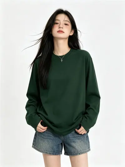 Langarm-Damen-T-Shirt, weiß, 100 % Baumwolle, Rundhals, lockere Passform