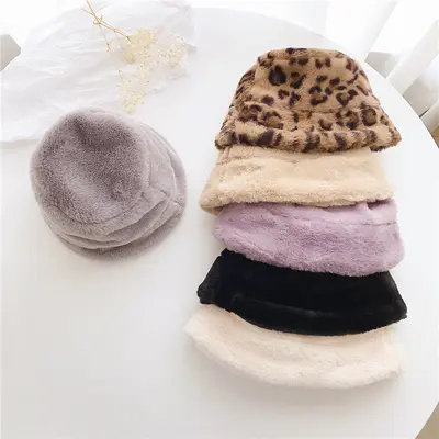 Çocuk kova şapkası, sonbahar ve kış, tavşan kürklü, leopar baskılı