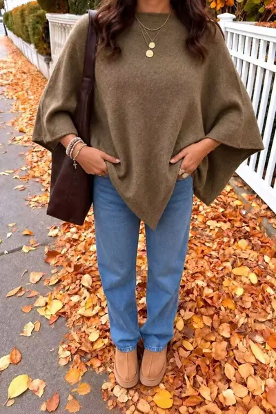 Women's Brushed Cape-Style Batwing Sleeve Autumn Winter Top - 9