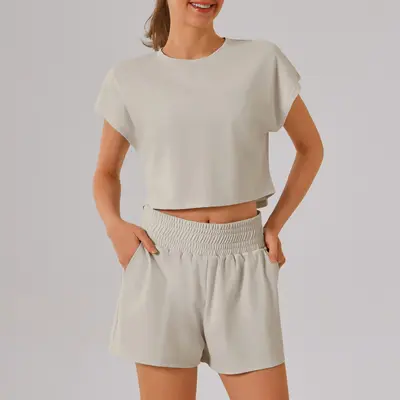 Solid Color Round-Neck Women's Yoga Fitness Set, Breathable, High Elastic - 8