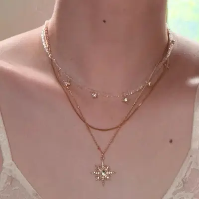 Vintage altın güneş kolye, çok katmanlı zincir - 5