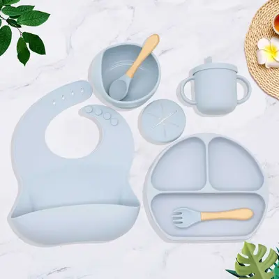 Silicone dinner plate baby bib baby bowl tableware set placemat spoon fork anti-drop snack cup set cross-border ready stock